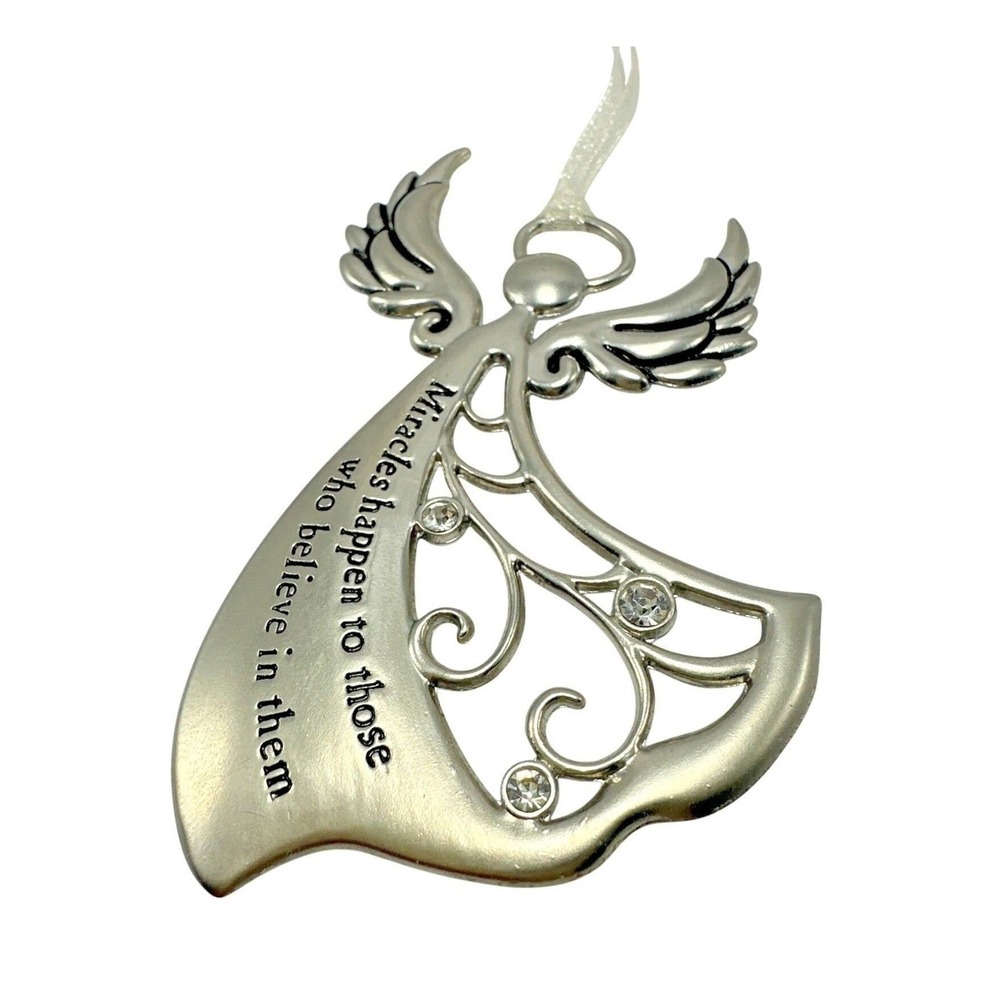 Angel Ornament Pewter‎ Finish Miracles Happen Believe Rhinestone Decor